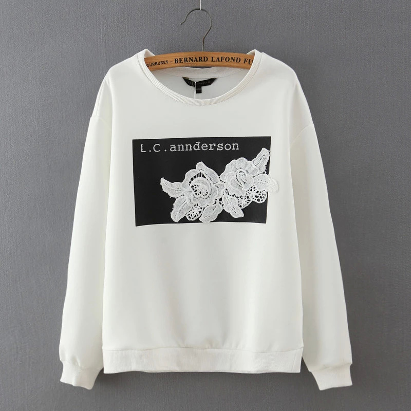 Women sweatshirts Fashion elegant white lace floral patchwork long sleeve pullover Casual O-neck hoodies brand Tops