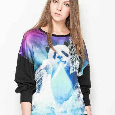Women Sweatshirts Fashion Panda Pattern Silk Patchwork O Neck long Sleeve Pullover Casual brand Moletom Feminino