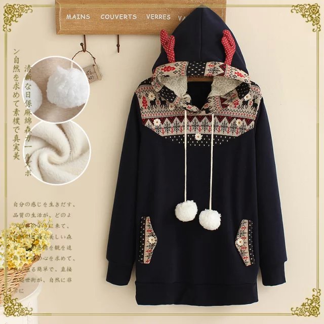 Women sweatshirts Fashion winter thick warm Antlers drawstring hooded pullovers knitted patchwork Casual pocket hoodies