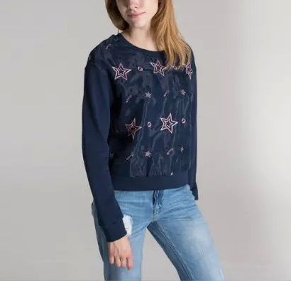 Women Sweatshirts Spring Fashion blue Star Embroidery Pullover O-neck batwing sleeve hoodies Casual brand tops
