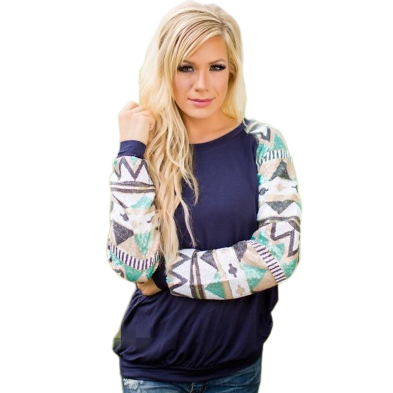 Women Sweatshirts Spring Fashion Geometric Print Blue Pullover O-neck long sleeve Casual hoodies female tops plus size