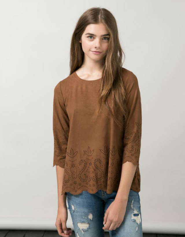 Women T-shirt Fashion brown faux suede leather O-neck Three Quarter sleeve hollow out casual brand for female