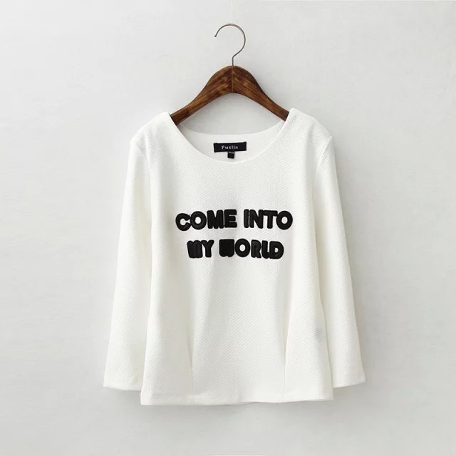 Women T-shirts Autumn winter Fashion Black letters embroidery thick O neck long sleeve White casual brand tops