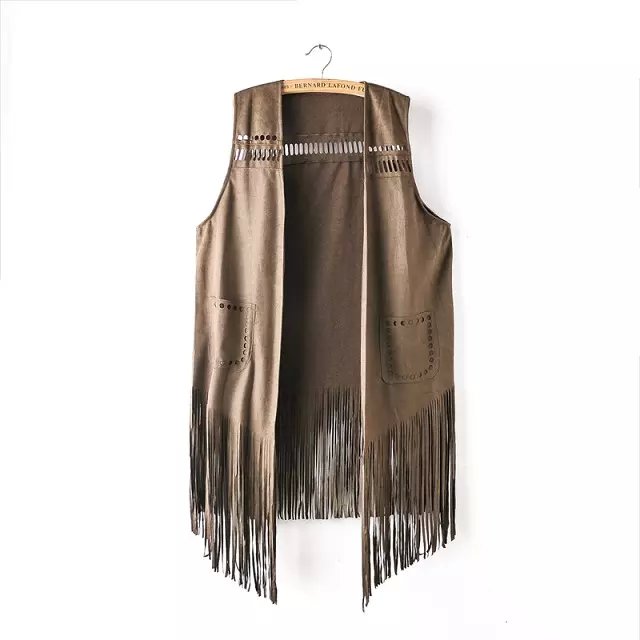 Women Waistcoat Fashion Vintage Retro Khaki Faux Suede Leather Vest Hollow out Tassel pocket casual Sleeveless brand
