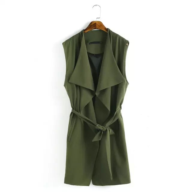 Women windbreaker Fashion Autumn Sleeveless elegant Amy Green belt trench for long coats Casual brand female