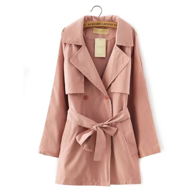Women windbreaker Fashion European style Office elegant Pink with belt Long trench for ladies coats Casual brand female