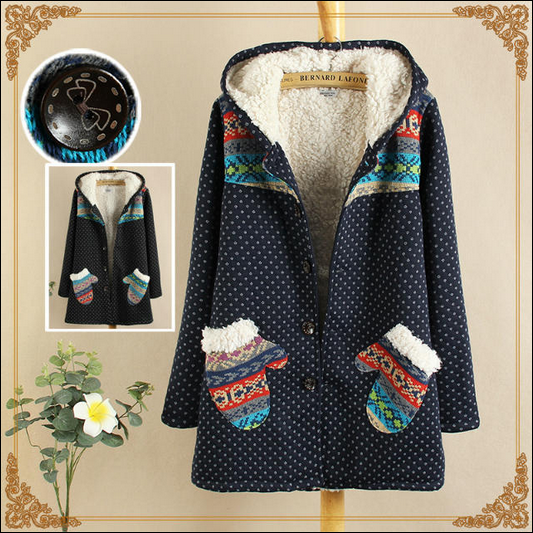Women winter Cotton Hooded Geometric Dot print knitted patchwork gloves Pocket button Parkas thick warm Coat Casual Outwear