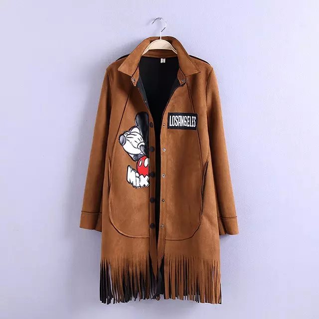 Women Winter Fashion brown Faux Suede Leather Cartoon Letter Embroidery patchwork tassel button pocket female trench coat