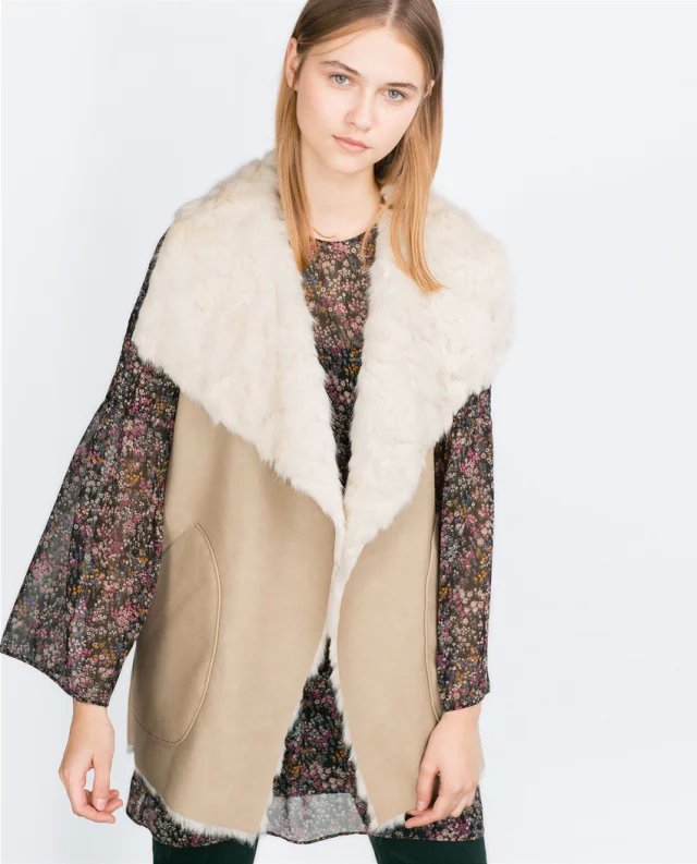 Women Winter Fashion Khaki Faux Leather fur big turn-down collar Vest casual Sleeveless pocket thick warm brand jackets