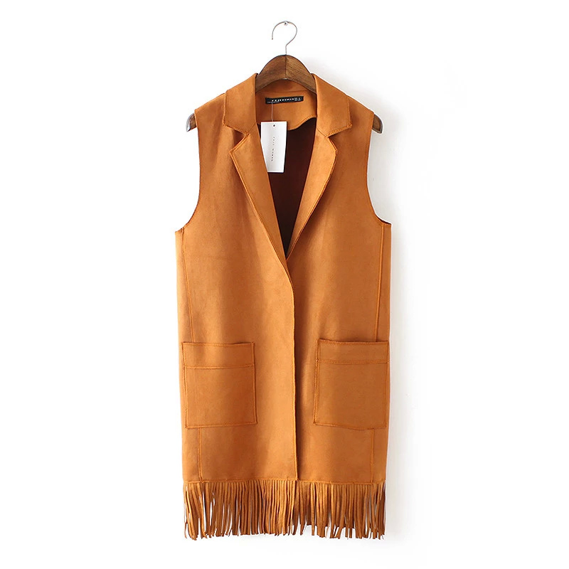 Women winter Fashion orange Faux Suede Leather Vest Tassel Sleeveless pocket turn-down collar button office lady jacket