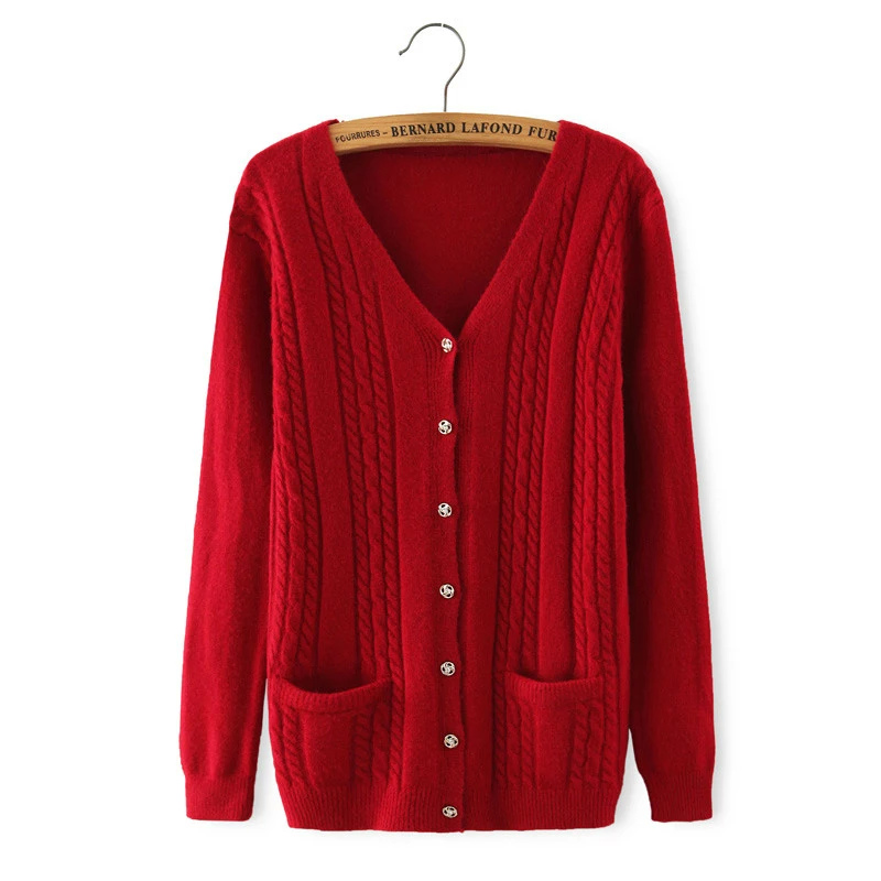 Women winter Fashion red V-neck long sleeve Knitted sweater Cardigans casual Pocket button outwear brand female