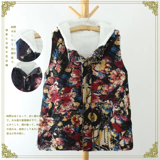 Women Winter Fashion thick warm floral print Hooded Cotton button pocket short Vest Casual sleeveless streetwear brand coat