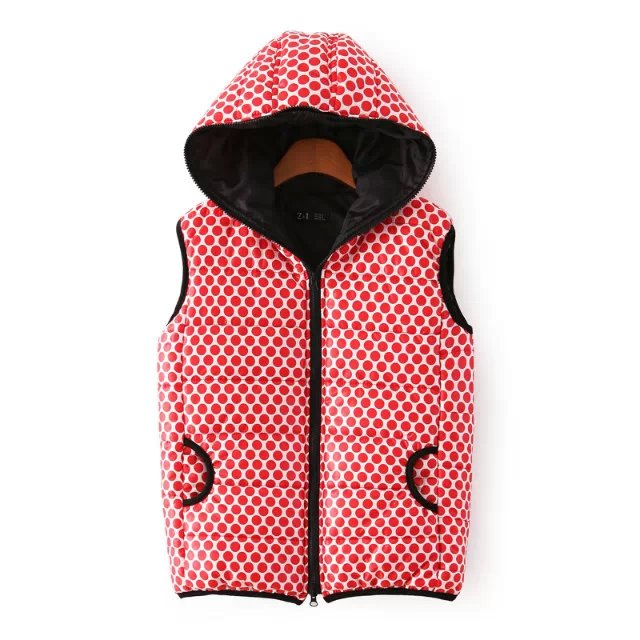 Women Winter Fashion Waistcoat Red dot print Hooded Thick Warm Cotton zipper pocket Vest Casual sleeveless streetwear brand
