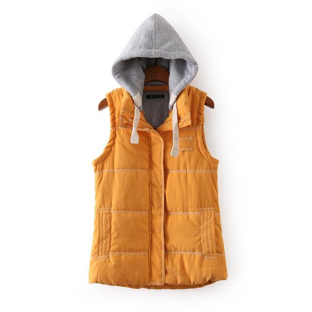 Women Winter Fashion Waistcoat Thick Warm yellow Cotton Drawstring Hooded sleeveless zipper pocket Sport Vest Plus Size