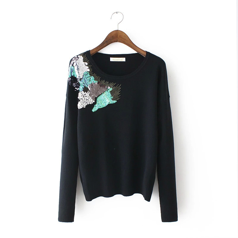 Women Winter Knitted Sweater Fashion Black Sequined O Neck Pullover Knitwear Casual Brand Womens Long Sleeve Tops solid