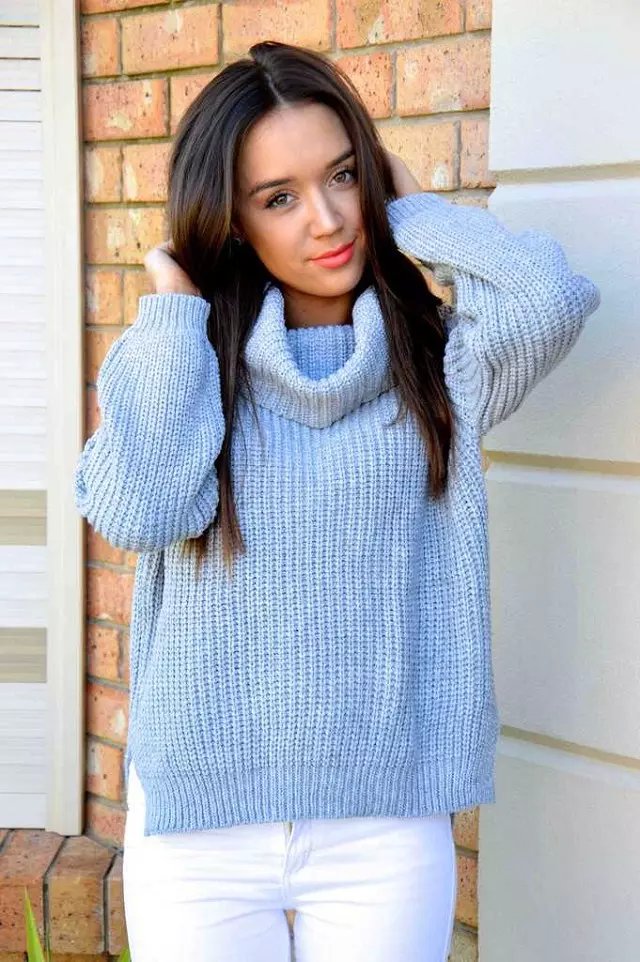 Women winter Knitted Sweaters American fashion Blue Side open oversized pullovers Turtleneck casual long Sleeve Brand