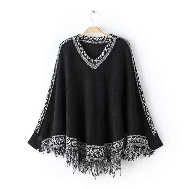Women winter Sweaters Fashion black Geometric pattern Tassels Knitted Pullovers Batwing Sleeve Casual Cloak brand female