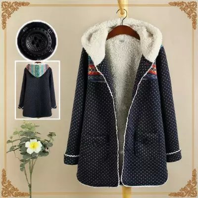 Women Winter Thick warm Dot Geometric pattern Parka knitted hooded lace button long sleeve pocket Cashmere cotton coat