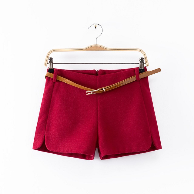 Wool shorts for women Fashion Autumn Office Lady with belt High waist Red blue green Plus Size Casual shorts