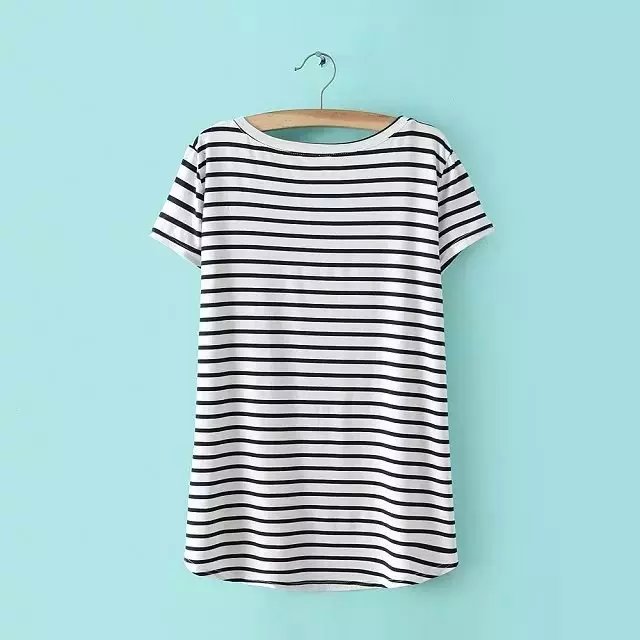 American Fashion elegant striped print O-neck cotton T-shirt for women short Sleeve casual brand tops