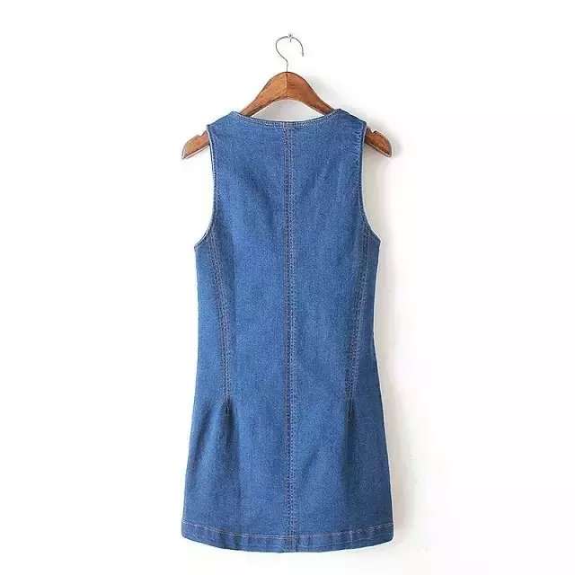 American Fashion women Elegant Denim blue vest Dress vintage sleeveless V-neck zipper casual brand female