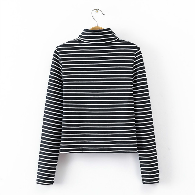 American fashion Women winter cotton black Striped Print Turtleneck short T-shirts casual long sleeve big stretch Brand
