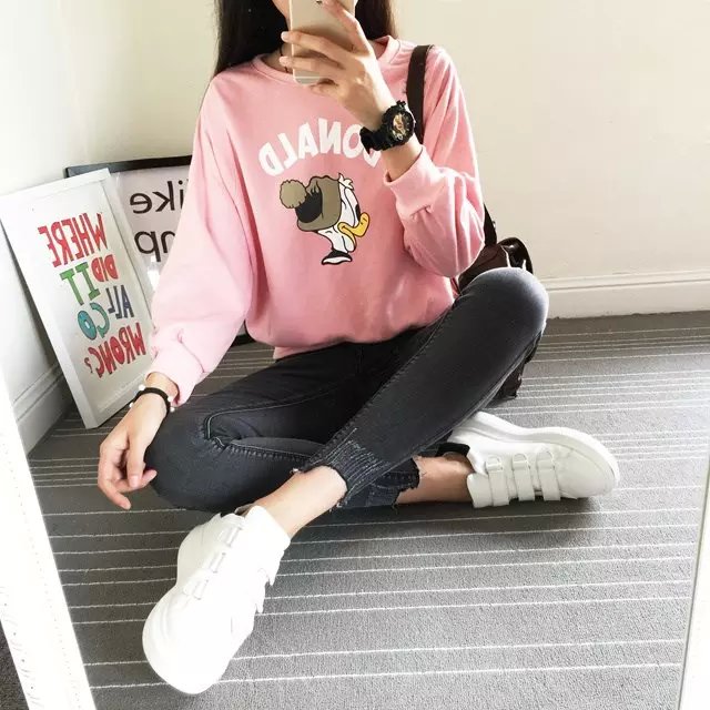 Autumn Fashion Cartoon Letter Print pink Sport Pullove for Women Sweatshirts O-neck long sleeve hoodies Casual brand tops