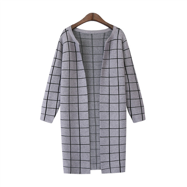 Cardigan for female Fashion gray plaid pattern long sleeve Knitted Sweaters casual brand women vogue