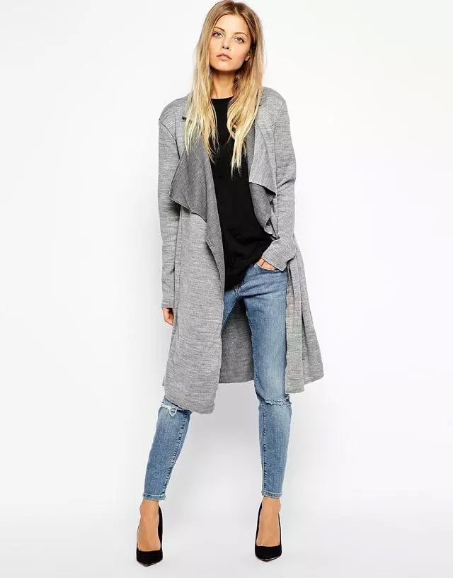 Cardigan lady for female Autumn Fashion gray With belt turn-down collar long Sweater Knitted long Sleeve Casual women vogue