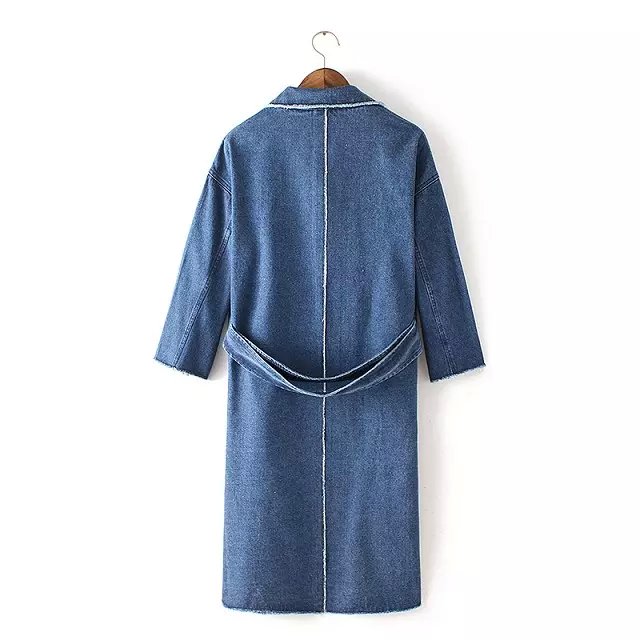 European Fashion elegant Big Pocket Jean Denim trench coat for women long coats Casual brand windbreaker female