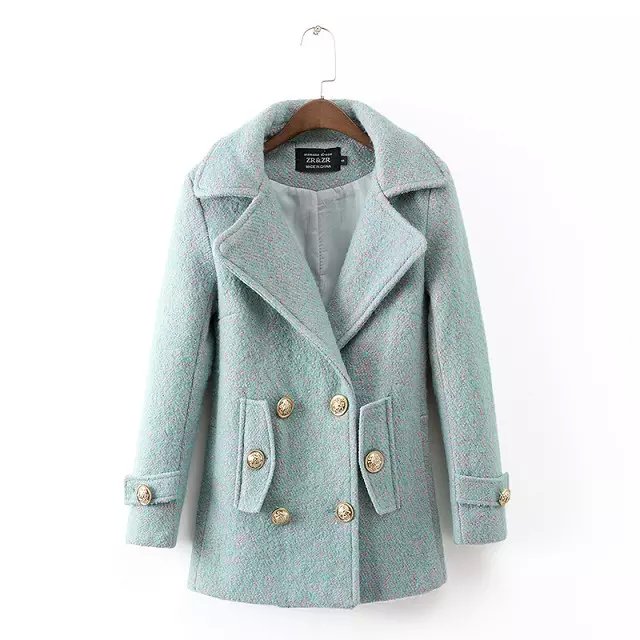 European Fashion Winter Women blue Coats Pockets Female overcoat Long Sleeve button turn-down collar Brand plus size