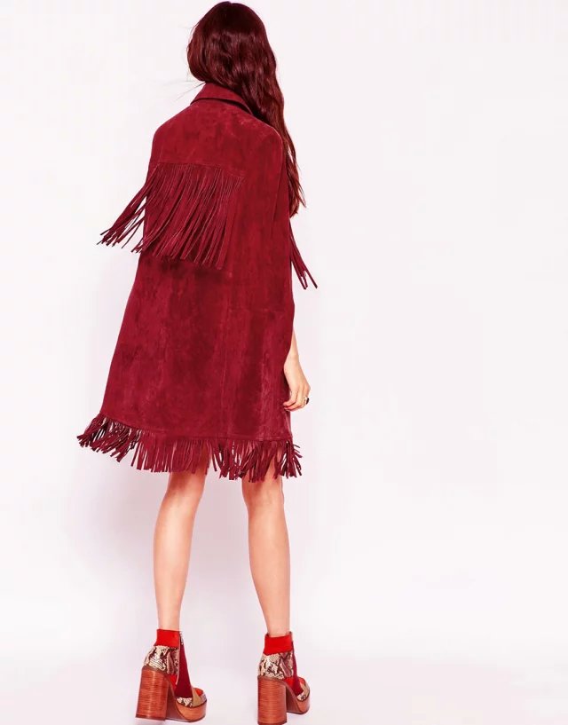 European Fashion Women Elegant Tassel pocket red Faux suede Leather Coats Casual button jacket brand designer Cloak