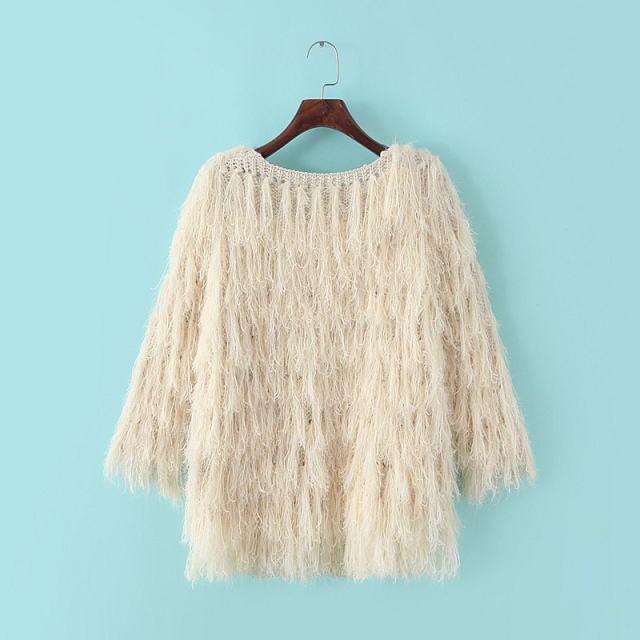 European Fashion Women Elegant winter warm Beige faux Fur Knitted sweater Cardigans hollow out long Sleeve Casual brand