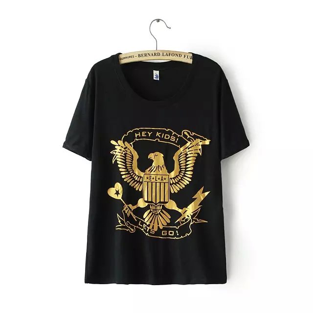 European Fashion Women Gold bird print basic black cotton T-shirt short sleeve casual top tee O-neck brand shirts