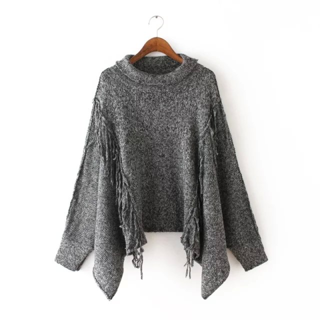 European fashion women Irregula brown Pullover turtleneck Tassels Knitted sweater Batwing Sleeve Casual loose brand Cloak