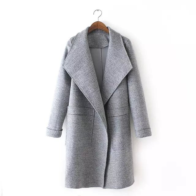 European Fashion Women Pockets Female vintage blue Woolen Long coats long sleeve turn-down collar office work winter warm