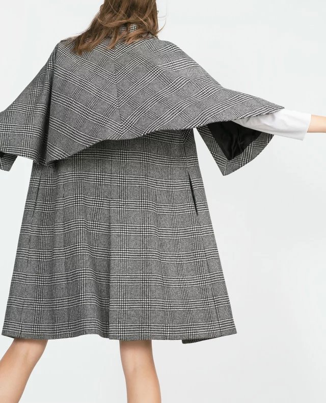 European Fashion Women Vintage Winter Gray plaid woolen Coat turn-down collar button Half sleeve Casual brand Cloak Female