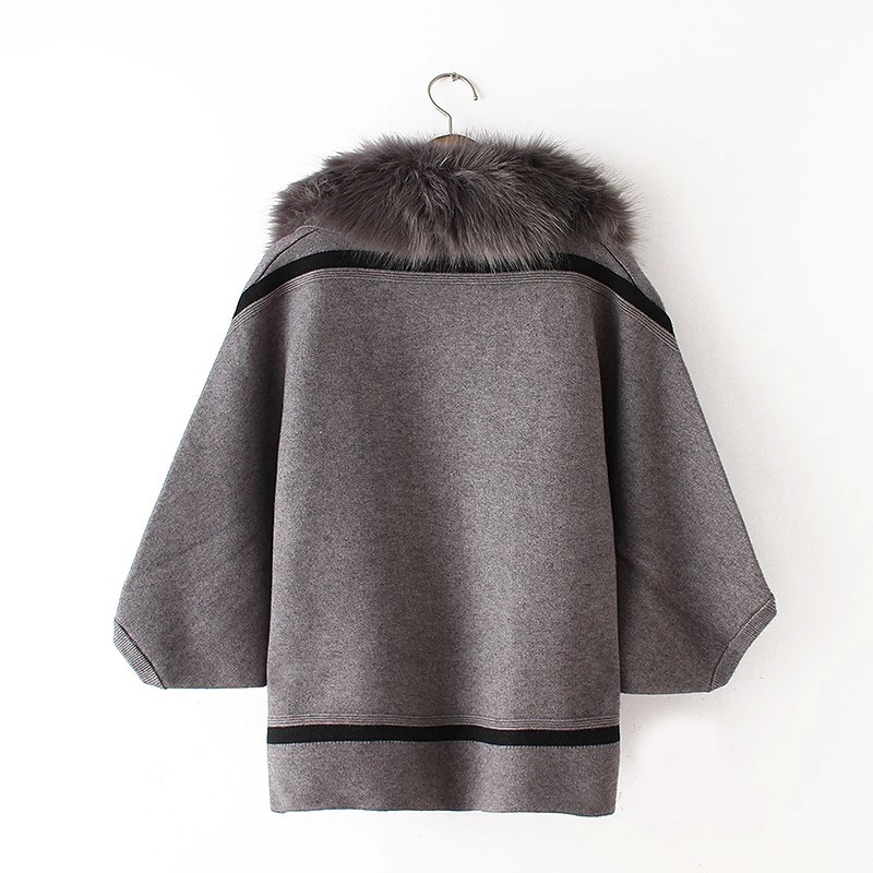 European Fashion women winter gray fur neck Double Breasted knitted sweater short Cardigans Half Sleeve Casual brand Cloak