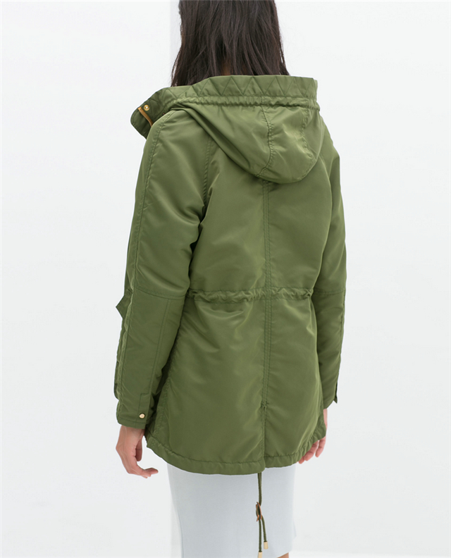 Fashion Autumn elegant Army green Pocket Zipper hooded trench coat for women Drawstring Casual brand windbreaker