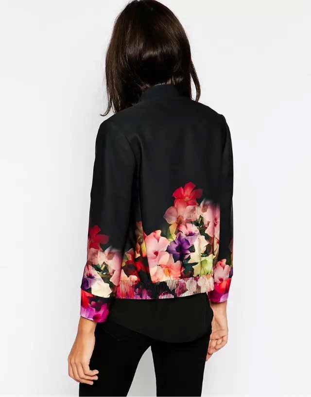 Fashion Autumn red flower print coat outwear zipper pockets black Jacket casual casaco feminino jaqueta feminina