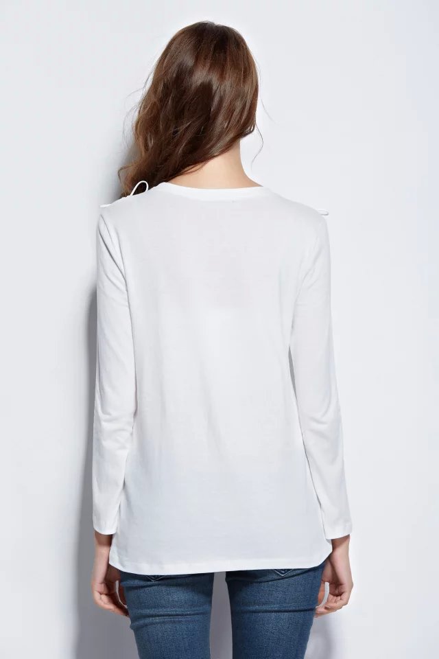 Fashion Autumn Women Elegant Shoulder Ribbons White T shirt O neck long sleeve shirts casual brand t-shirts tops