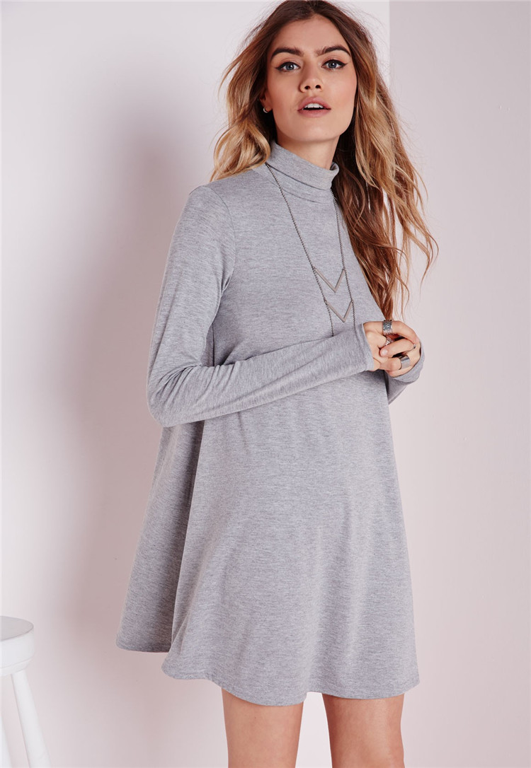 Fashion Autumn women gray Straight mini dress Long Sleeve Turtleneck casual brand Plus size