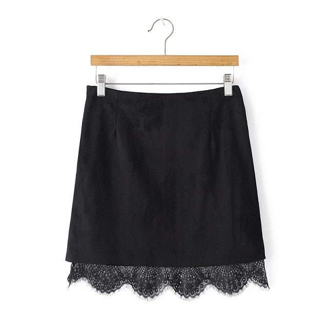 Fashion Autumn Women Suede Leather Black Skirts lace patchwork high waist sexy mini Skirt Casual Brand Saia Faldas Jupe