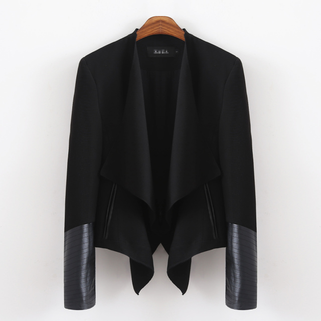 Fashion Black women Cuff Patchwork Faux Leather Blazers long sleeve suit basic jackets Brand feminino womenswear female