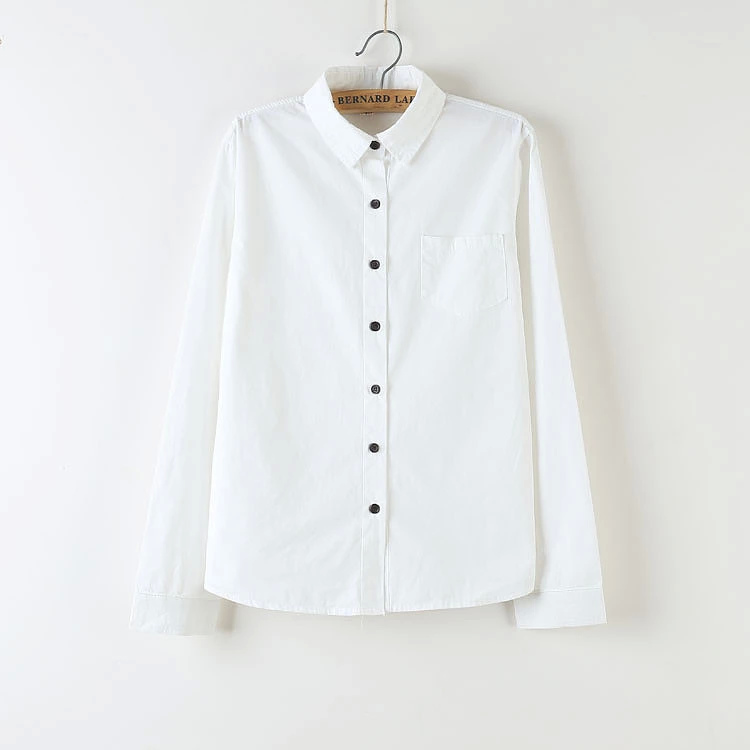 Fashion elegant women turn-down collar white cotton blouse button pocket long sleeve office brief shirt casual brand female