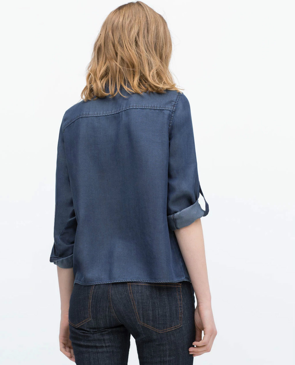 Fashion Female elegant blue Denim shirts blouses For Women Pocket button turn-down collar long sleeve casual tops