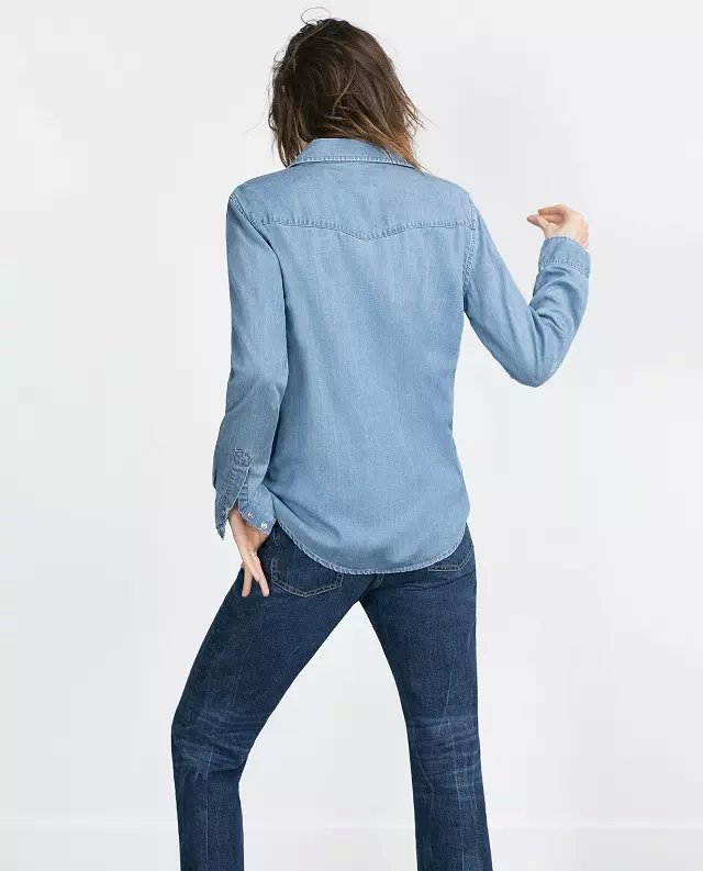 Fashion Ladies elegant blue Denim shirts blouses For Women long sleeve Button Pocket casual jeans