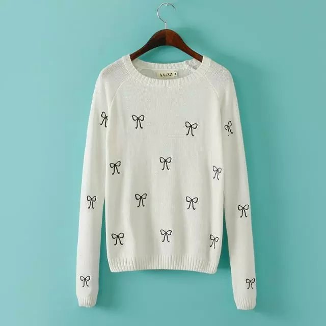 Fashion Ladies Elegant embroidery Bow Tie pullover sweater Casual O-neck Long sleeve outwear brand