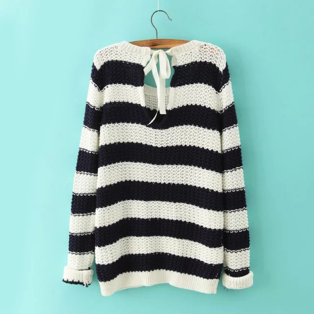 Fashion Ladies' vintage sexy back Bow Striped Pullover knitwear For Women elegant long sleeve Casual knitted sweater