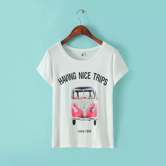 Fashion Lady letter bus print white cotton T-shirt for female short sleeve casual top tee female O-neck shirts